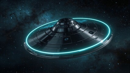 Highly detailed 3D render of a futuristic metallic spacecraft with glowing blue ring, floating in deep space with stars and nebula background. Perfect for sci-fi, space tech, or concept art themes.