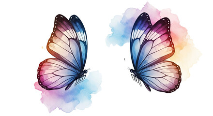 Two watercolor butterflies with colorful wings against a black background and watercolor splashes