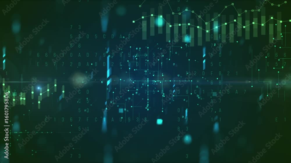 Poster a digital visualization with abstract green and blue lines and shapes on a black background. the sha