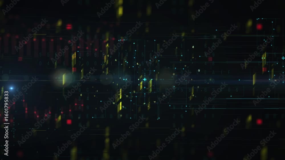 Poster a dark background with a grid pattern. yellow and red lights flicker and move throughout the scene
