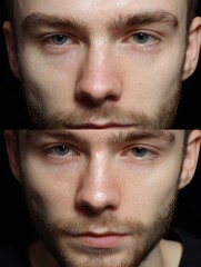 Obraz premium Before–After: Dull and uneven skin tone of a man before and brighter skin after using medical cosmetics.