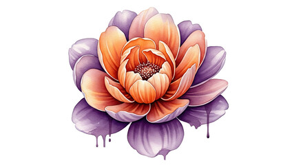 Watercolor style flower with orange and purple petals on a black background in a floral illustration