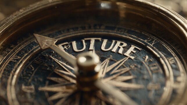 Antique compass pointing to future