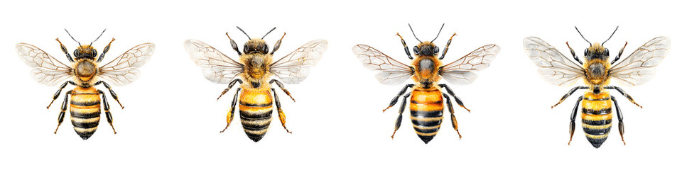 Four Detailed Honey Bee Illustrations on White Background