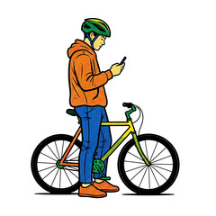 Fototapeta premium A young man wearing a helmet and hoodie stands next to his colorful bicycle, looking at his mobile phone screen.
