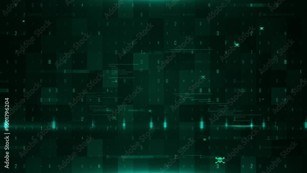 Aufkleber a digital glitch background with a dark green color scheme. animated lights flicker across the scree