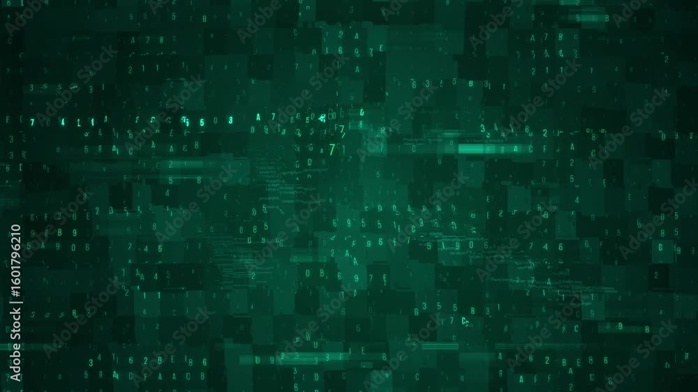 Poster animated abstract digital glitch background with moving numbers and lines. green color theme