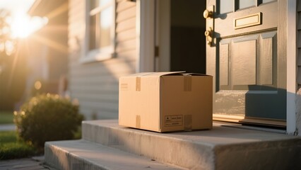 Cardboard box delivered to a doorstep at sunrise