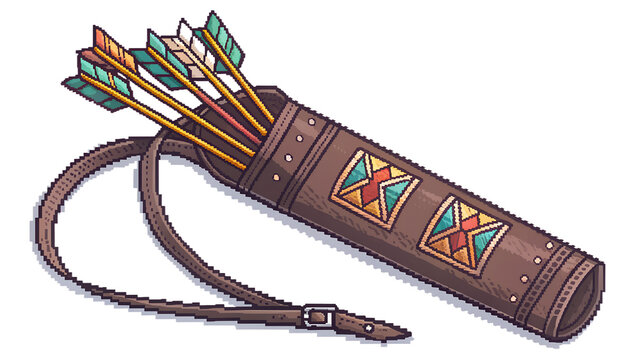 A pixel art illustration of a leather quiver filled with arrows, with a strap, isolated on a transparent background