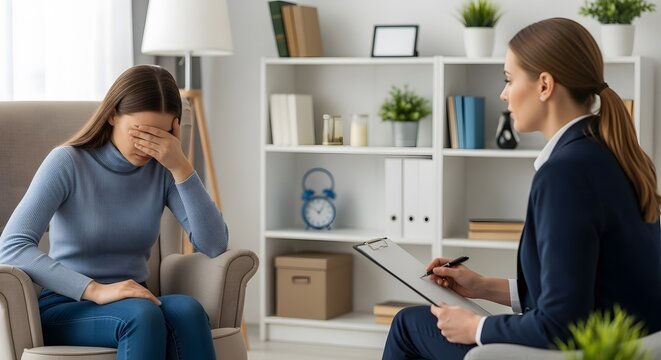 A woman in distress covers her face during a therapy session with a counselor in a bright, modern office.