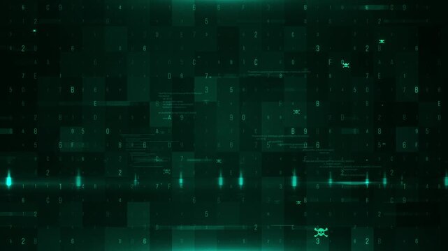 A digital glitch background with a dark green color scheme. Animated lights flicker across the screen, illuminating the digital noise