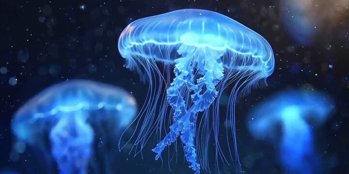 ocean, underwater, fantasy-inspired scene of bioluminescent jellyfish hovering over a distant planet