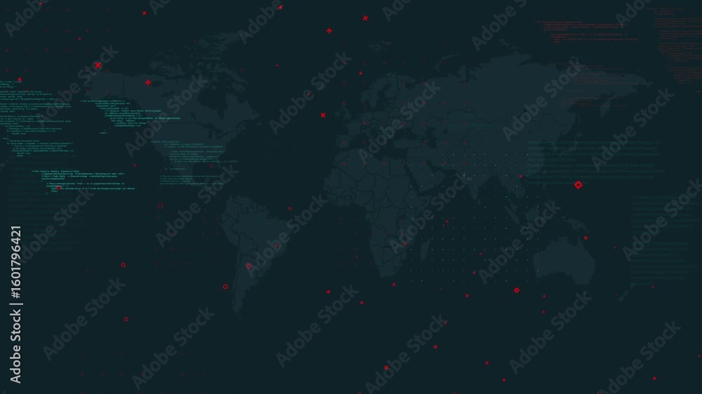 Fototapete a dark blue world map animation with lines of code and red dots moving across the screen