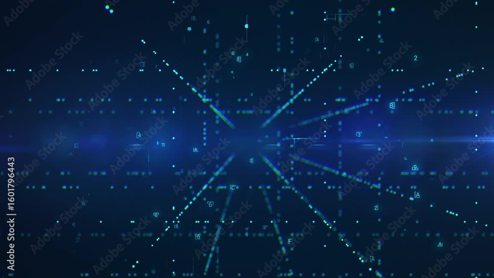 Poster a seamless loop animation featuring a dynamic abstract digital data pattern in shades of blue