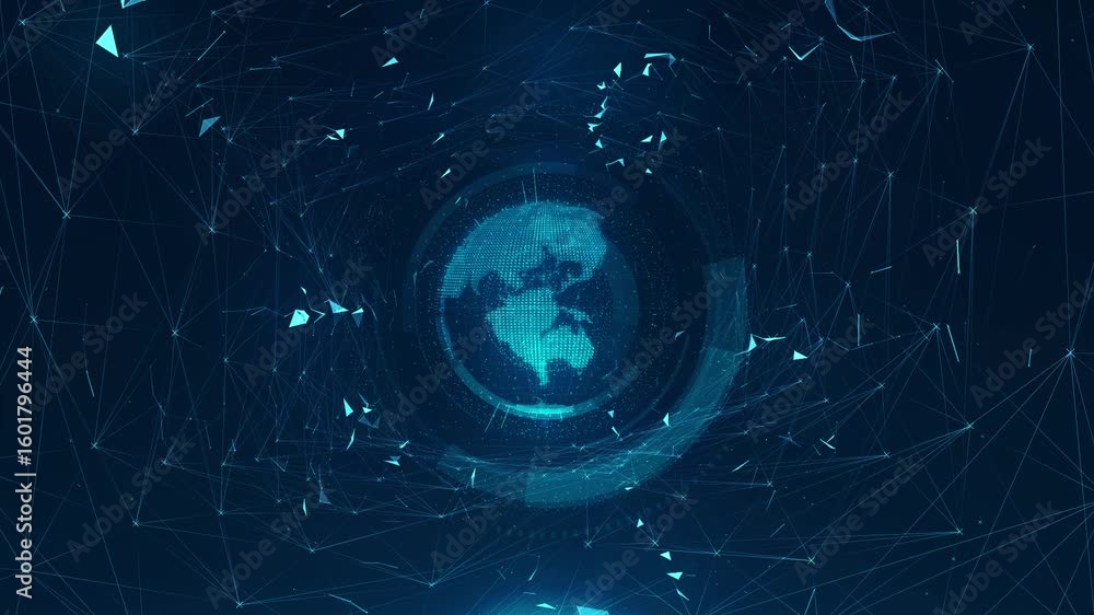 Poster a 3d animation of a glowing blue earth surrounded by a field of triangular shapes and lines. the ear