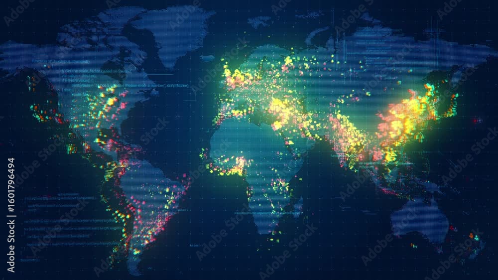 Poster a world map with a digital grid and pulsating lights in different colors representing global activit