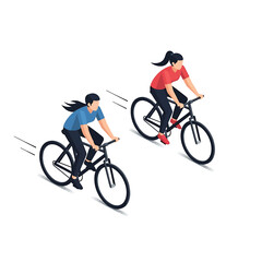 Obraz premium Two people, a woman and a man, are riding bicycles at an angle on a white background, depicted in an isometric style.