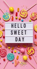 Colorful candy flatlay with “Hello Sweet Day” lightbox