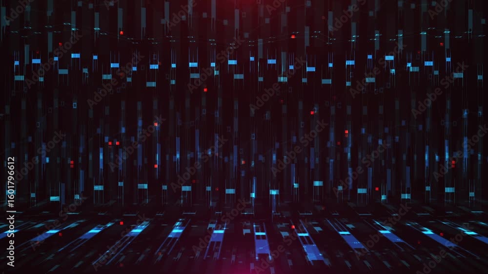 Poster a digital glitch animation with abstract blue and red lines on a black background