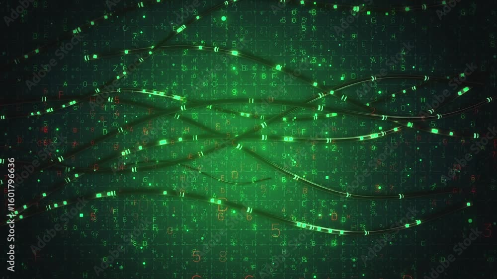 Poster animated background with green digital code and flowing lines. glowing dots and lines appear and dis
