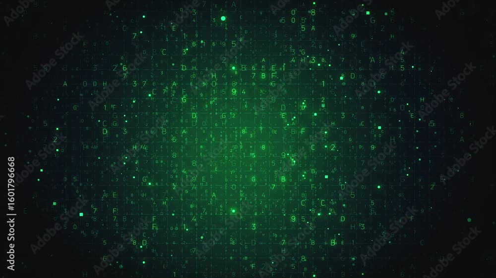 Poster a digital code background animation with glowing letters and numbers in green on a dark background