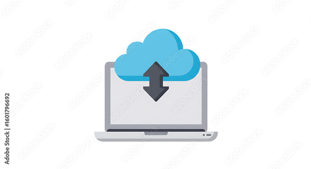Poster cloud computing concept with a laptop synchronizing data. flat vector illustration of data transfer,