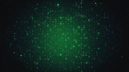 A digital code background animation with glowing letters and numbers in green on a dark background - Powered by Adobe
