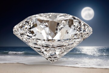 Fototapeta premium A flawless diamond, bathed in moonlight, over a tranquil beach scene