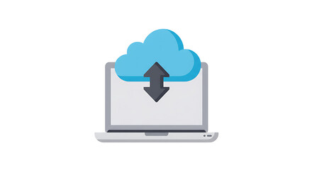 Cloud computing concept with a laptop synchronizing data. Flat vector illustration of data transfer, upload, and download for office technology.
