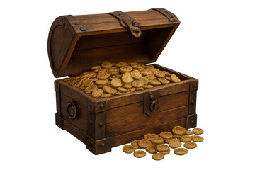 Weathered wooden chest brimming with golden coins, precious pieces cascading across luminous surface