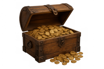 Weathered wooden chest brimming with golden coins, precious pieces cascading across luminous surface