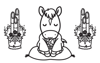 門松と和服を着たかわいい馬のイラスト、午年の年賀状素材（モノクロ線画）