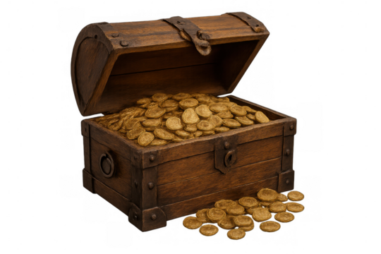 Weathered wooden chest brimming with golden coins, precious pieces cascading across luminous surface