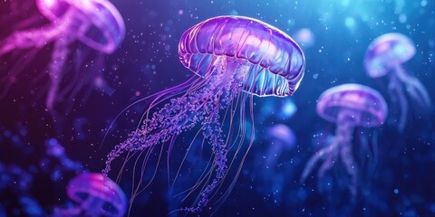Obraz premium A fantasy-inspired scene of bioluminescent jellyfish hovering over a distant planet