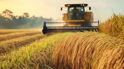 Fototapeta premium harvesting rice in a golden paddy field with combine