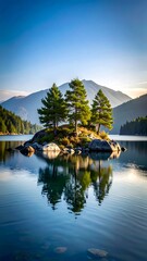 Obraz premium Serene island mirrored in tranquil lake