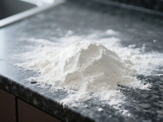 White Flour Spilled on Dark Granite Counter