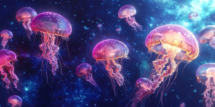 A fantasy-inspired scene of bioluminescent jellyfish hovering over a distant planet