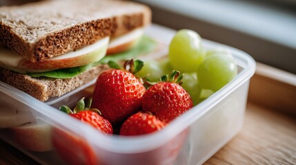 Healthy lunchbox with sandwich, fruit