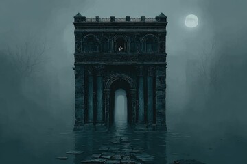 Fototapeta premium Ancient archway, shrouded in mist, floating on still water. A full moon hangs in a dark, atmospheric sky