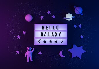 Cute space-themed flatlay with “Hello Galaxy” lightbox