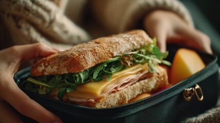 Hands holding a sandwich lunch box