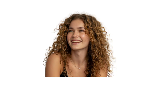 Joyful Young Woman with Curly Hair Smiling and Looking Away