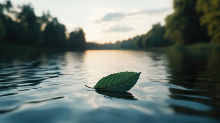 A single green leaf floats on calm water with reflections of trees and sky
