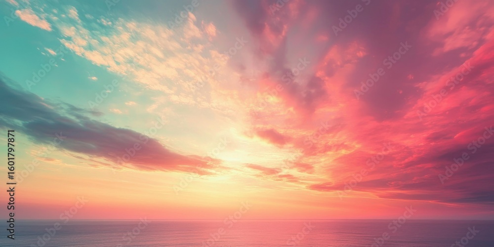 Poster a fantasy-inspired sky shifting from deep reds to soft pastels in a flawless color transition