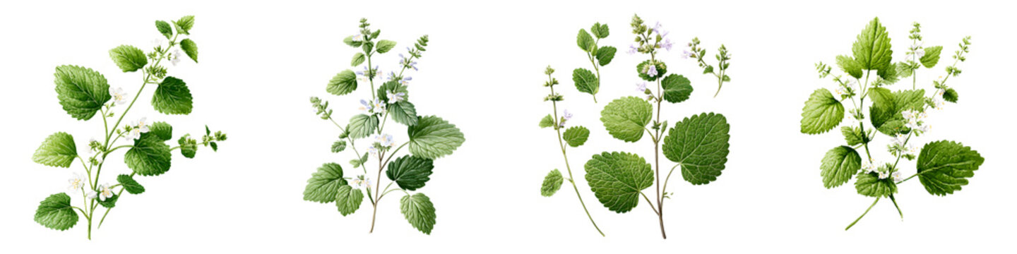 Flowering Lemon Balm: Fresh Herb Sprigs on White Background