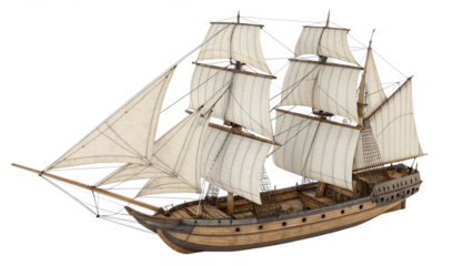 A detailed illustration of a vintage sailing ship with full sails, isolated on transparent background