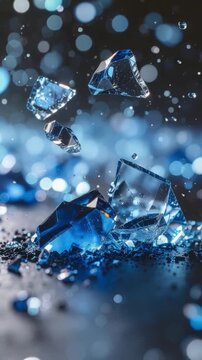 4:5 portrait abstract artwork featuring fractured or colliding glass shards suspended mid-air, rendered entirely in sapphire, lighting, transparency, and refraction