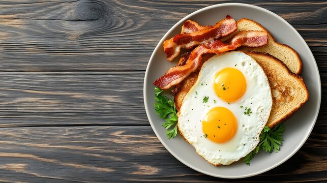 Close up overhead view of a complete breakfast on a plate featuring two fried eggs crispy bacon golden toast and parsley - Powered by Adobe