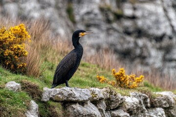 Obraz premium Cormorant resting on a grassy barrier